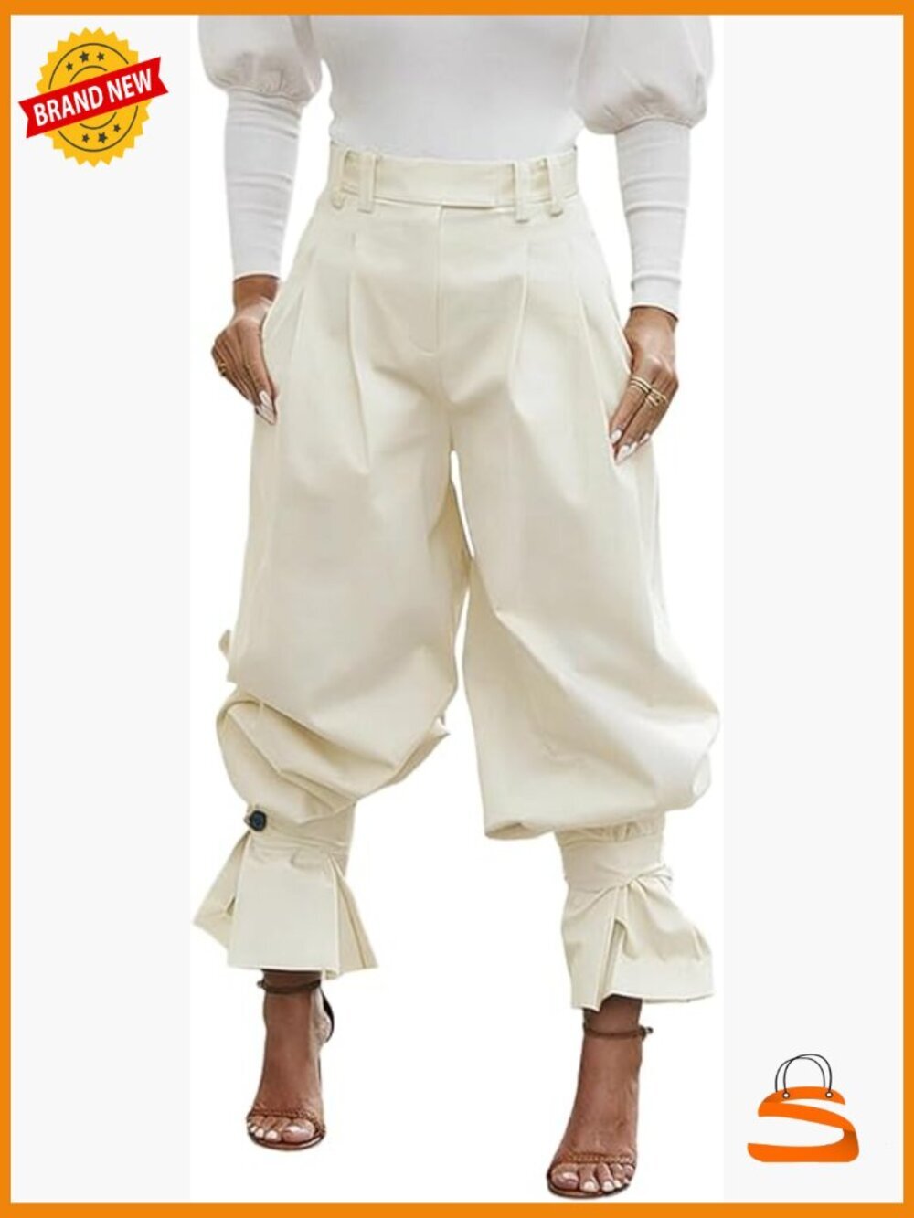 High Waist Wide Leg Dress Capri Pants with Ruffle Cuffs - Adjustable Button